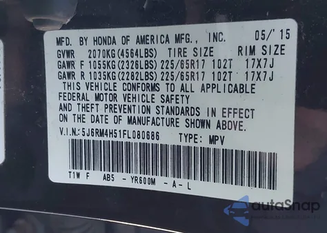 2015 Honda Cr-V Ex из США, поврежденный, VIN 5J6RM4H51FL080686